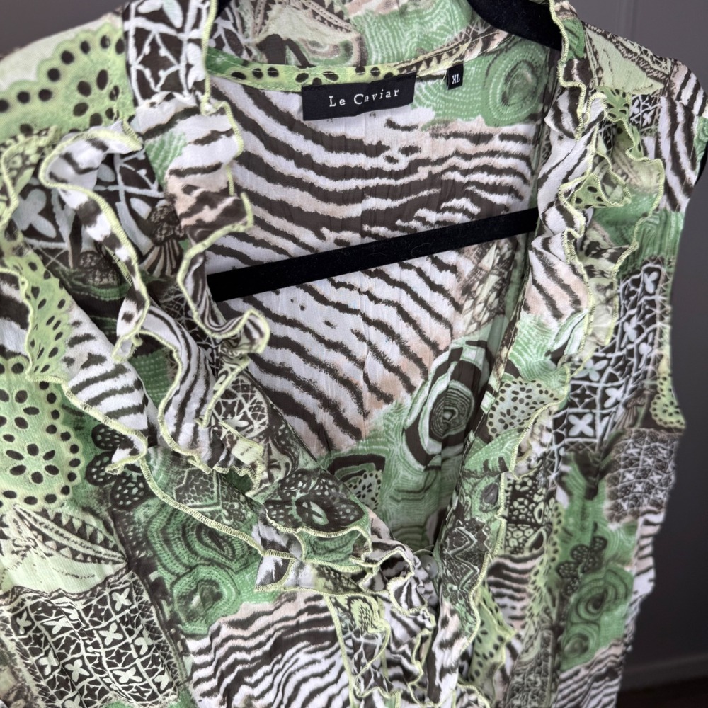 Y2K Le Caviar Womens XL Green Mixed Abstract Zebra Print Ruffle V-Neck Top - Picture 4 of 6